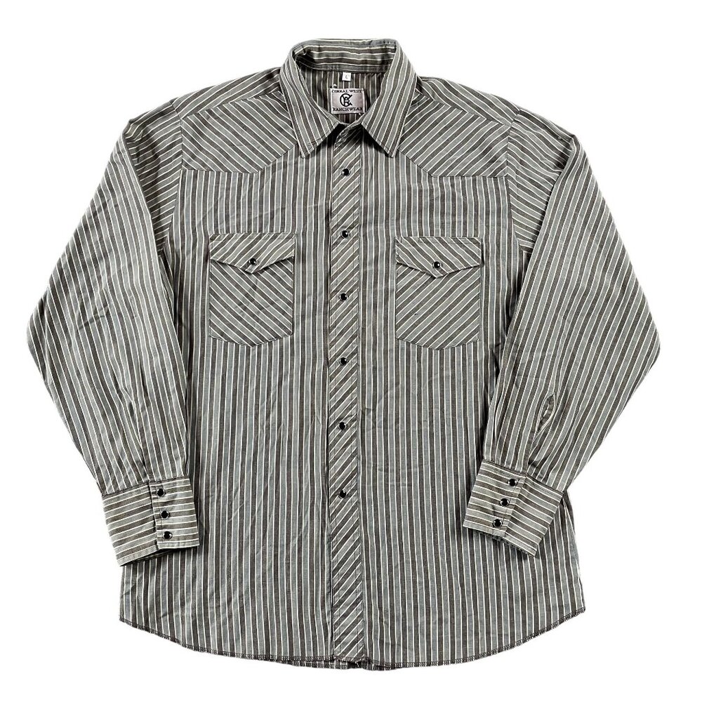 Corral West Ranchwear Shirt Mens L Grey Striped Western Pearl Snap Long Sleeve